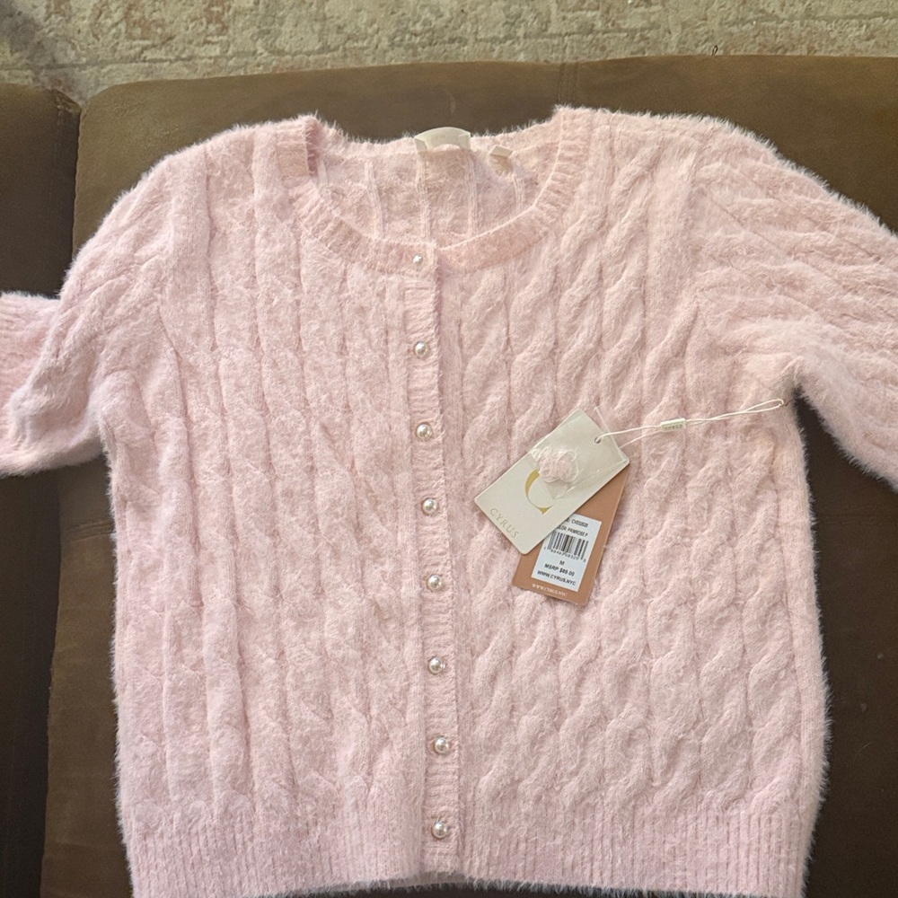 Cyrus Light Pink Fuzzy Cable-Knit Short Sleeve Cardigan